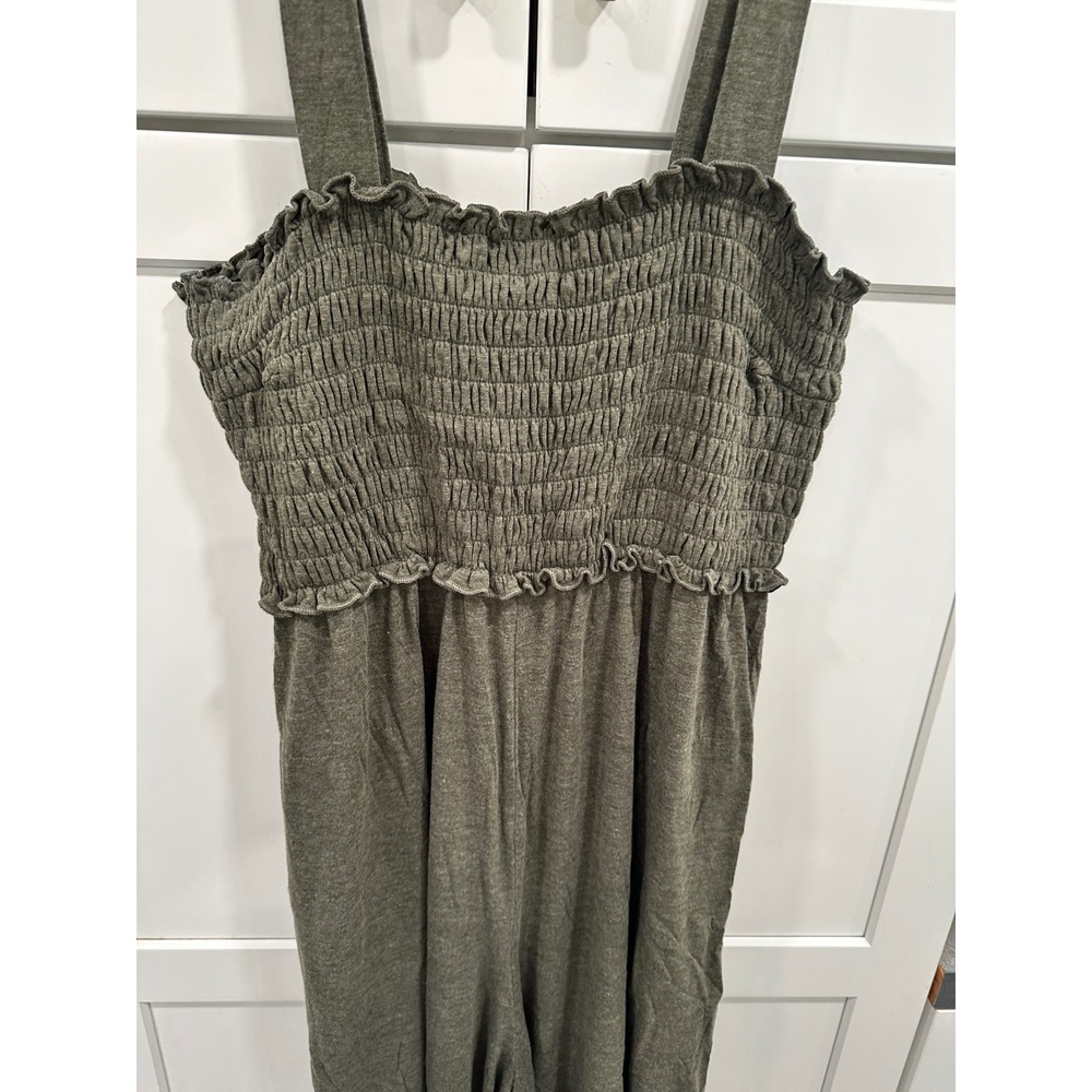 Natural Life Olive Green Smocked Ruffle Wide Leg Jumpsuit Womens XL Boho Knit - Picture 2 of 6